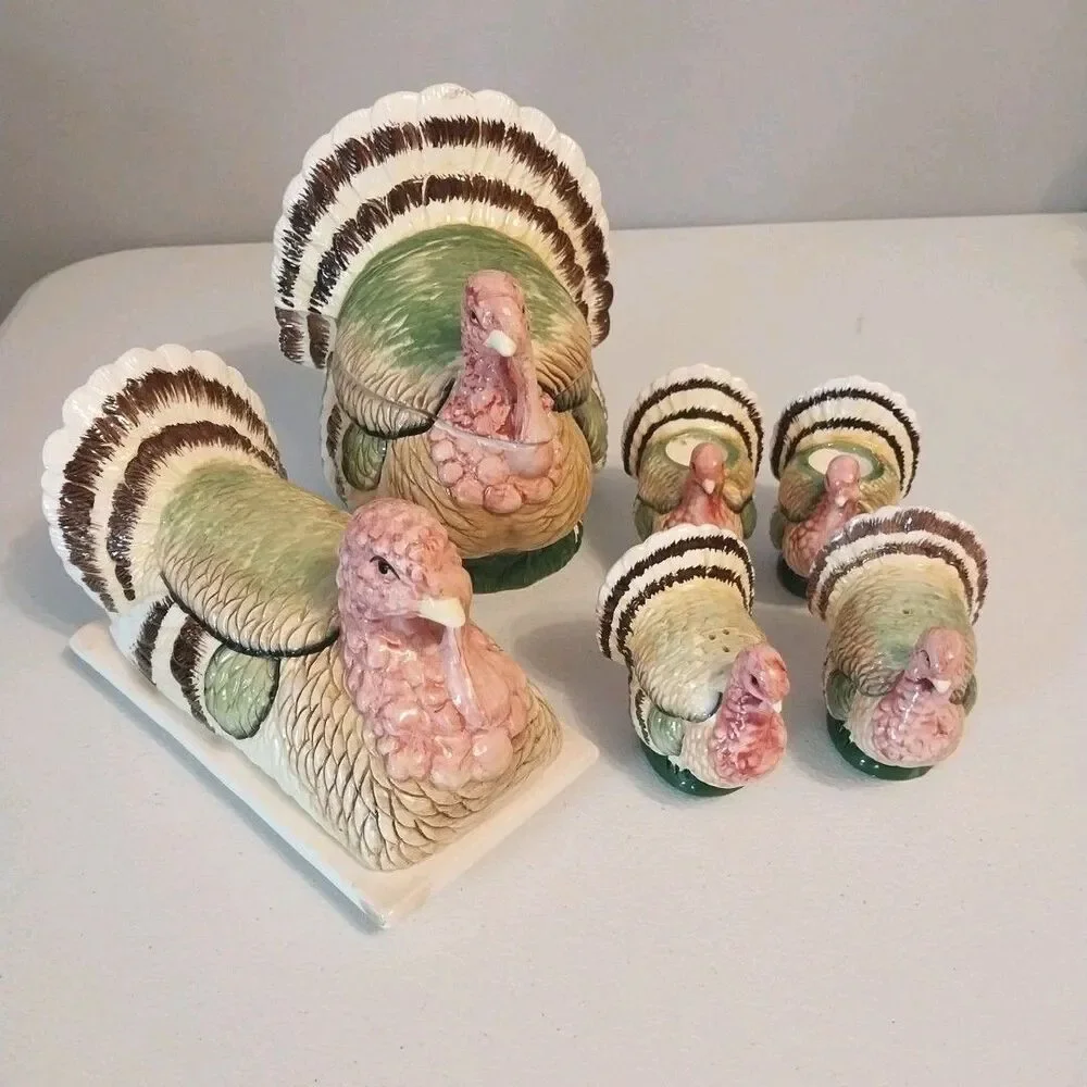 Vintage Brinn's Turkey Ceramic Set Butter Dish Gravy Boat S&P Candleholders